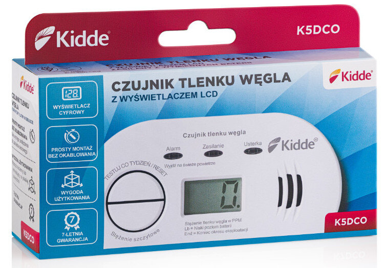 Pudełko z czujnikiem tlenku węgla, wyświetlaczem cyfrowym i logo Kidde.