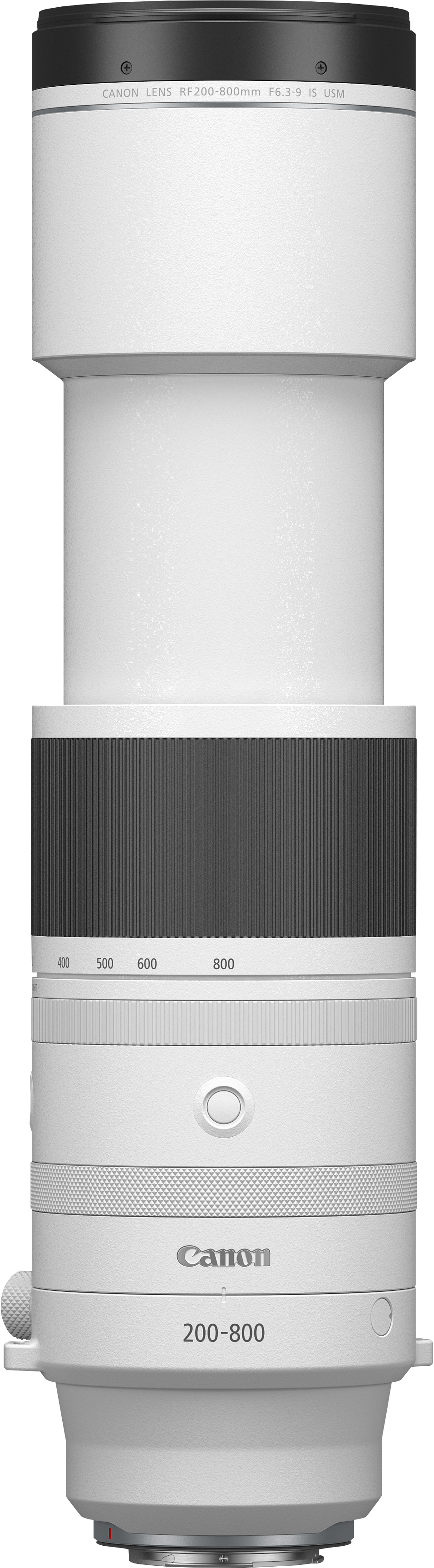 Un long objectif Canon 200-800mm blanc. Il a une zone de prise en main noire et la marque Canon.