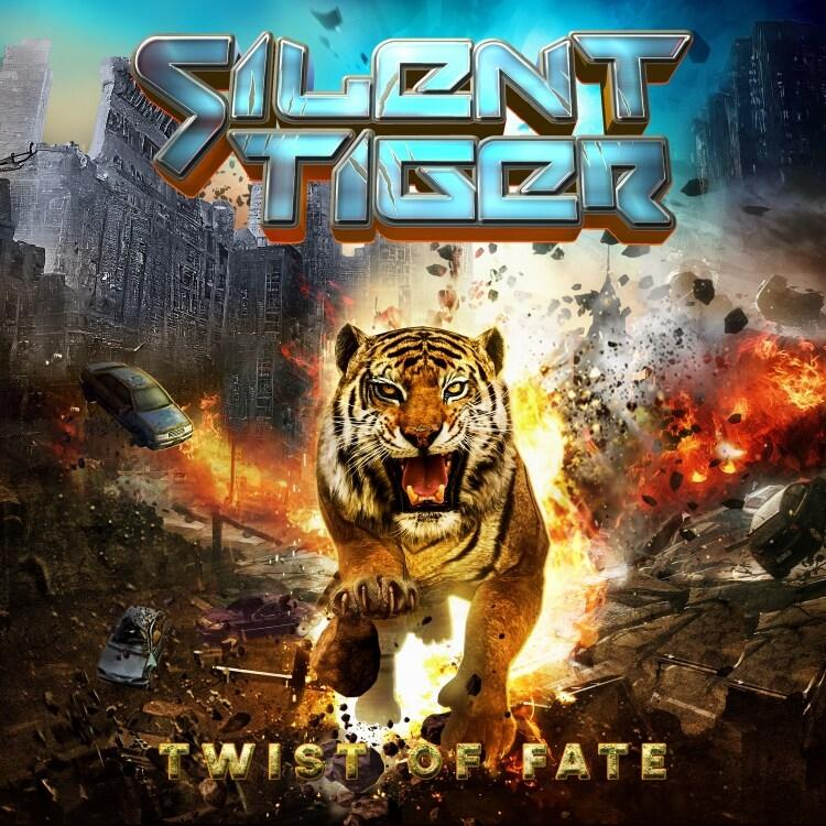 Album borító: Tigris lángoló jelenetből ugrik, a szöveg 'Silent Tiger' és 'Twist of Fate'.