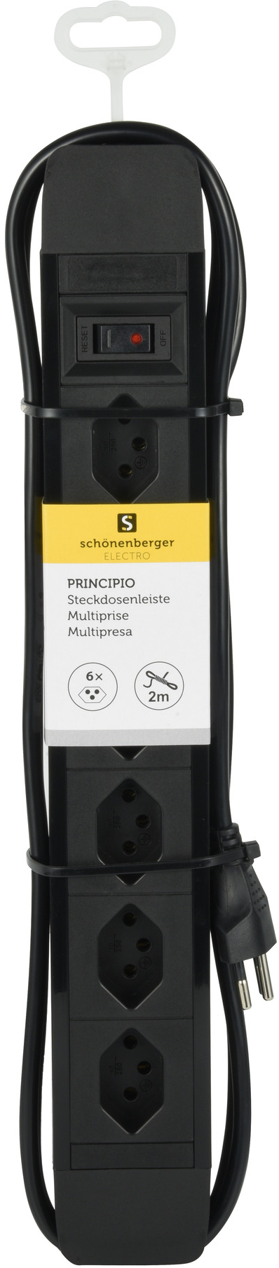 Schwarze Steckdosenleiste mit mehreren Steckdosen. Die Steckdosenleiste befindet sich auf weißem Hintergrund, mit einem schwarzen Kabel.