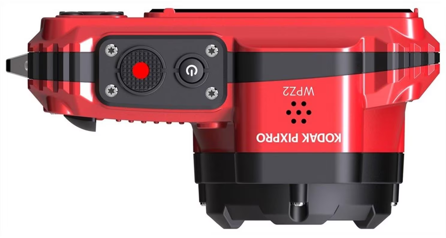 Eine rot-schwarze Kodak Pixpro WPZ2 Kamera. Die Kamera hat ein rotes Gehäuse mit schwarzen Akzenten. Sie hat einen Ein- und Aus-Knopf und eine Aufnahmetaste.
