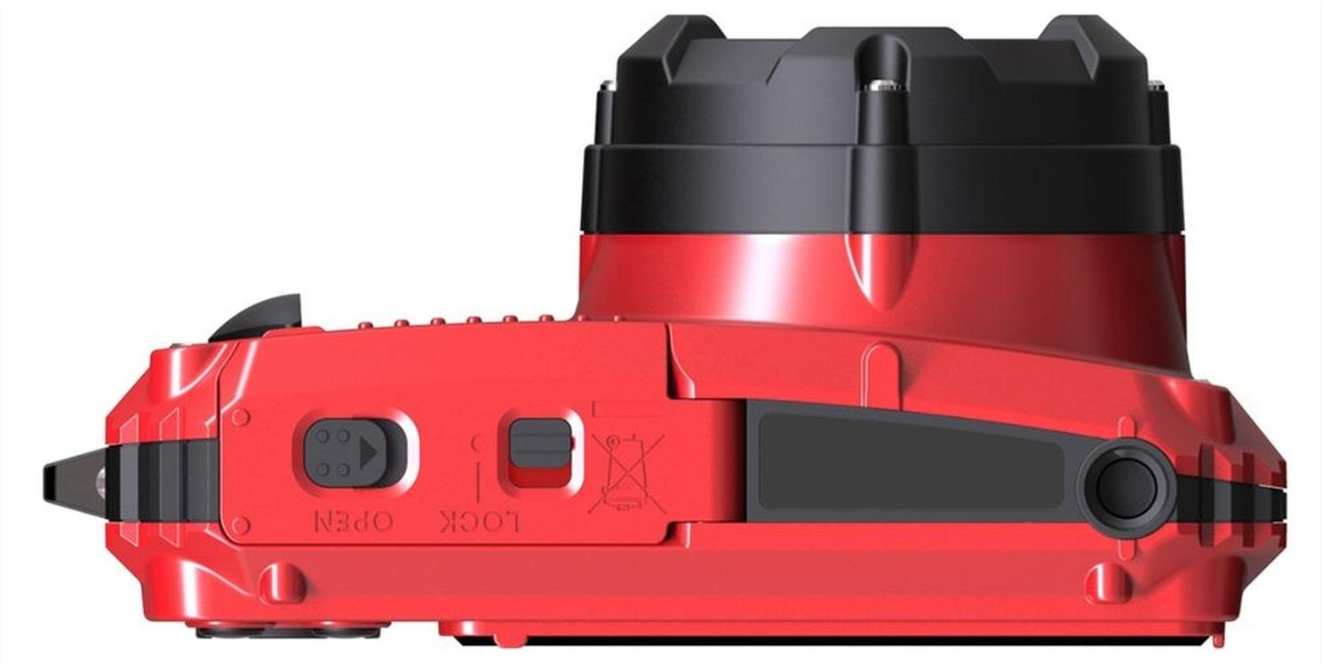 Rote und schwarze Kamera. Der obere Teil und eine Seitenansicht sind schwarz, der Rest ist rot. Hat Knöpfe und ein Rad.