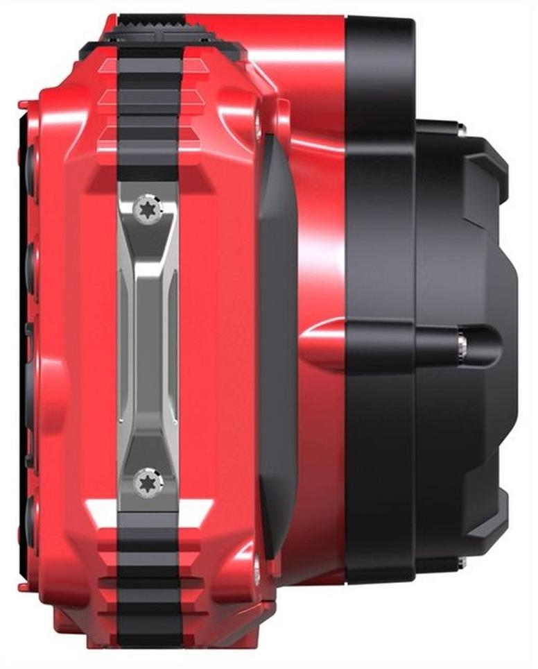 Rotes und schwarzes Gerät. Ein Metallgriff und Schrauben sind sichtbar. Das Gerät hat eine strukturierte Oberfläche. Die rechte Seite ist schwarz.