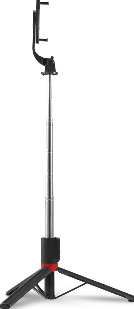 Ein Selfie-Stick-Stativ, schwarz und silber. Der Telefonhalter befindet sich oben.