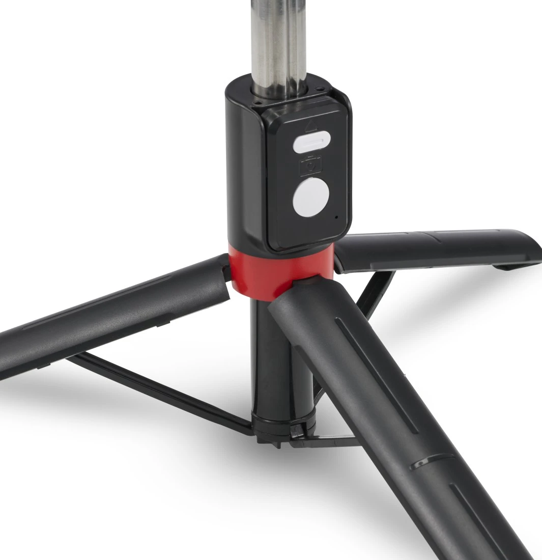 Stativ-Selfie-Stick mit schwarzem Gehäuse, roten Akzenten und einer Fernbedienungstaste.