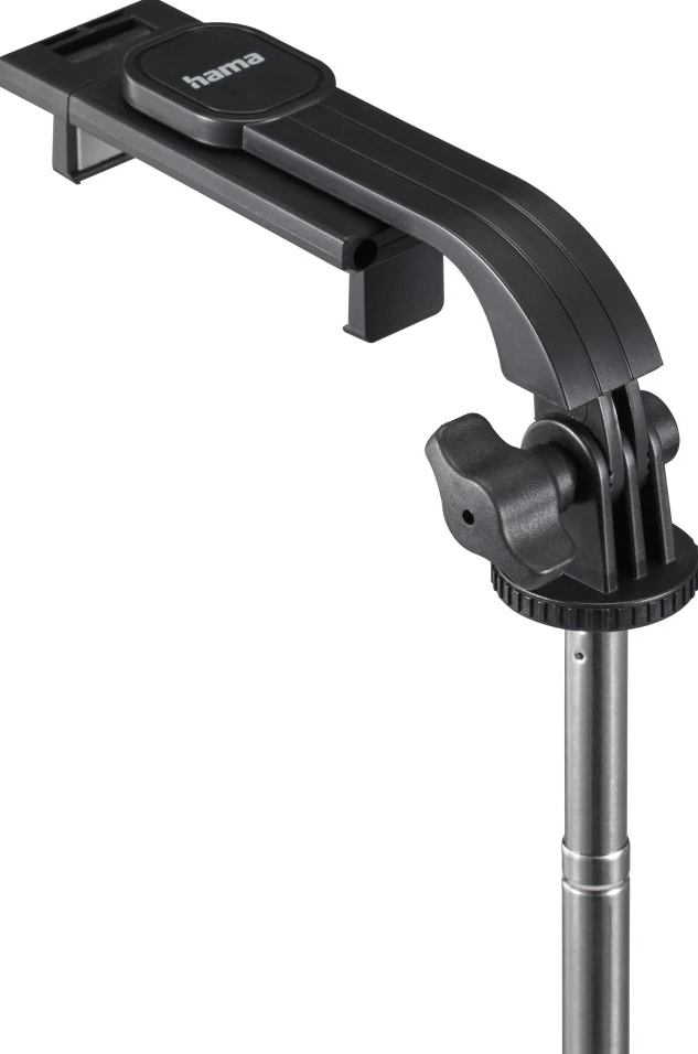 Schwarze Kamerastativhalterung mit schwarzem Arm und silberner Stange.