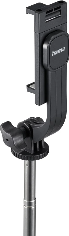 Schwarzer Telefonhalter an einem Selfie-Stick befestigt. Hama-Branding ist auf dem Halter sichtbar.