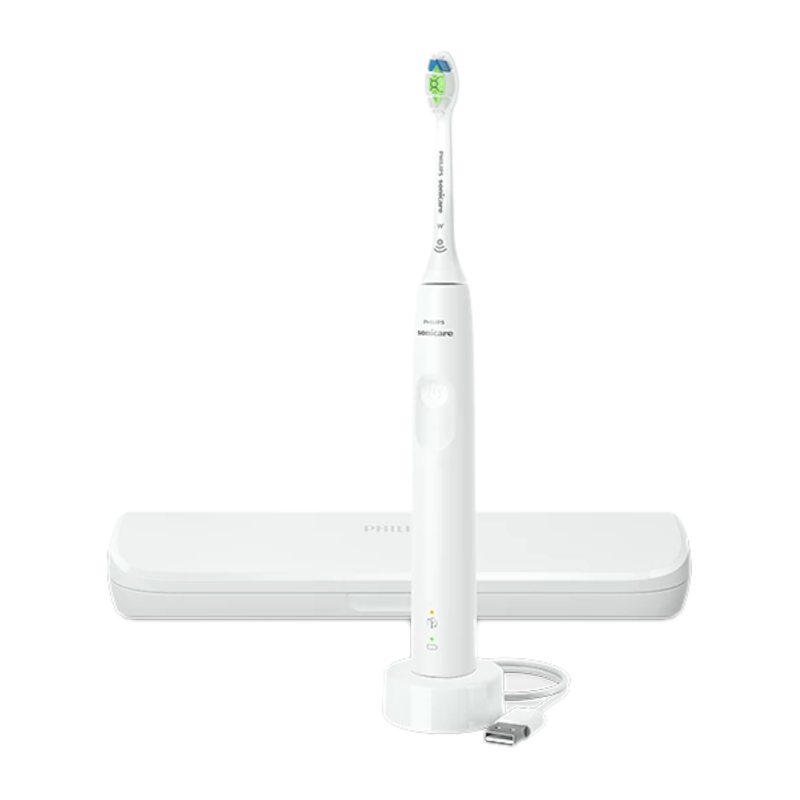 Brosse à dents Philips Sonicare blanche avec socle de chargement et un couvercle. La brosse est sur son support.