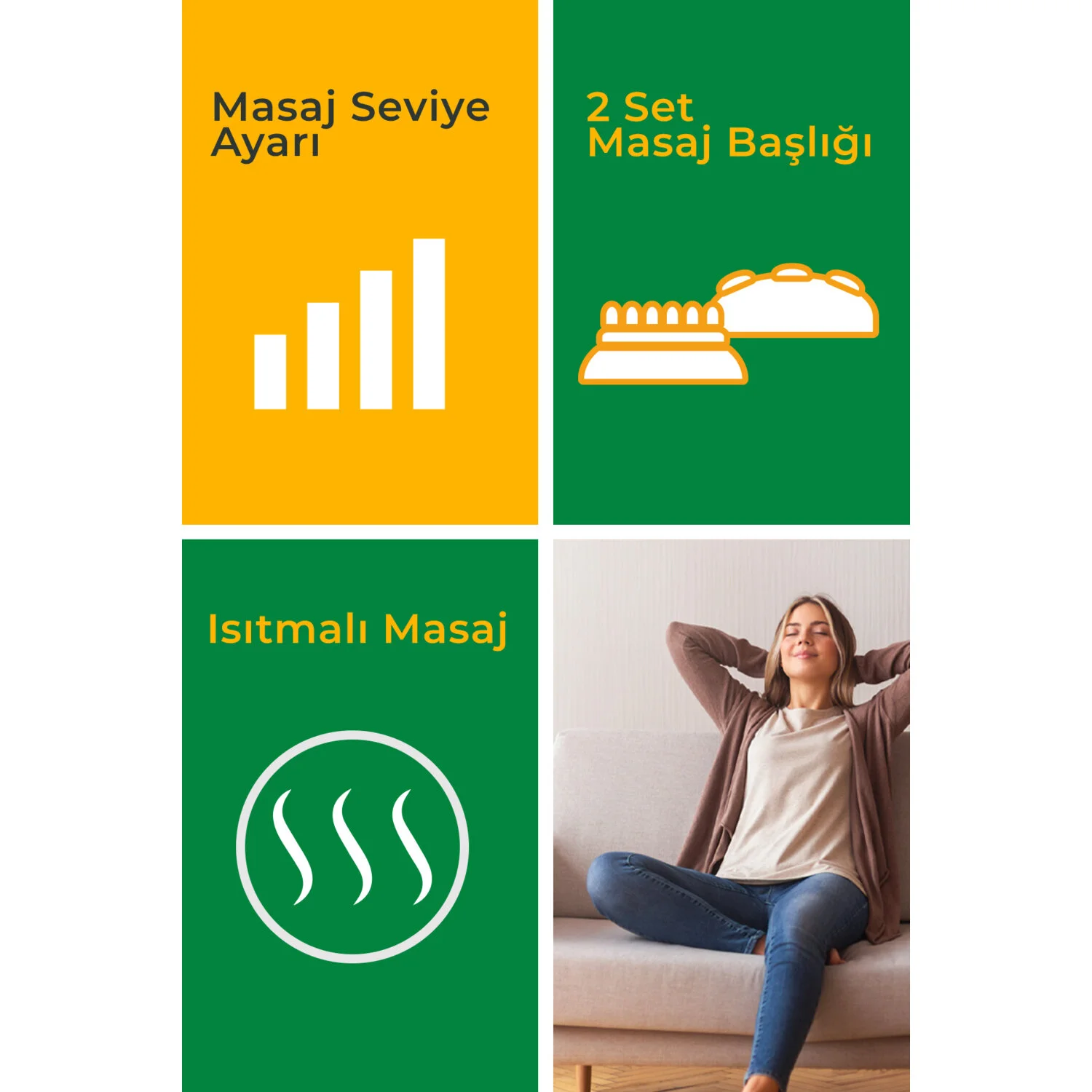 Masaj ayarları, başlıklar ve rahatlayan bir kadın içeren grafik paneller.