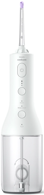 Un idropulsore Philips Sonicare bianco, con pulsanti e un serbatoio dell'acqua trasparente.