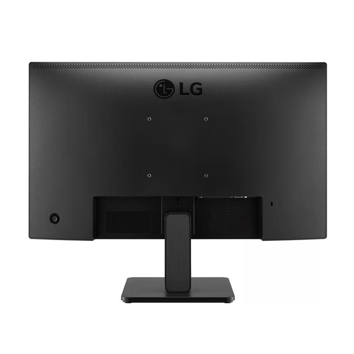 Retro di un monitor LG nero. Porte e supporto sono visibili. Nero e quadrato.
