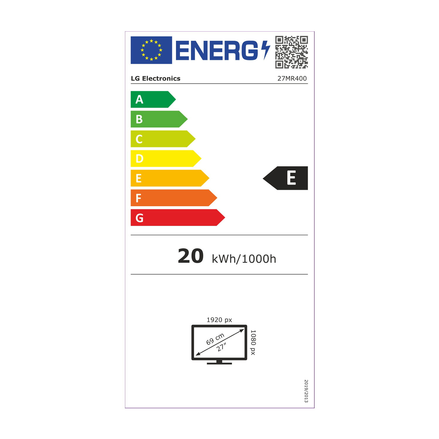 Etichetta energetica monitor. Mostra E e 20 kWh/1000h consumo.
