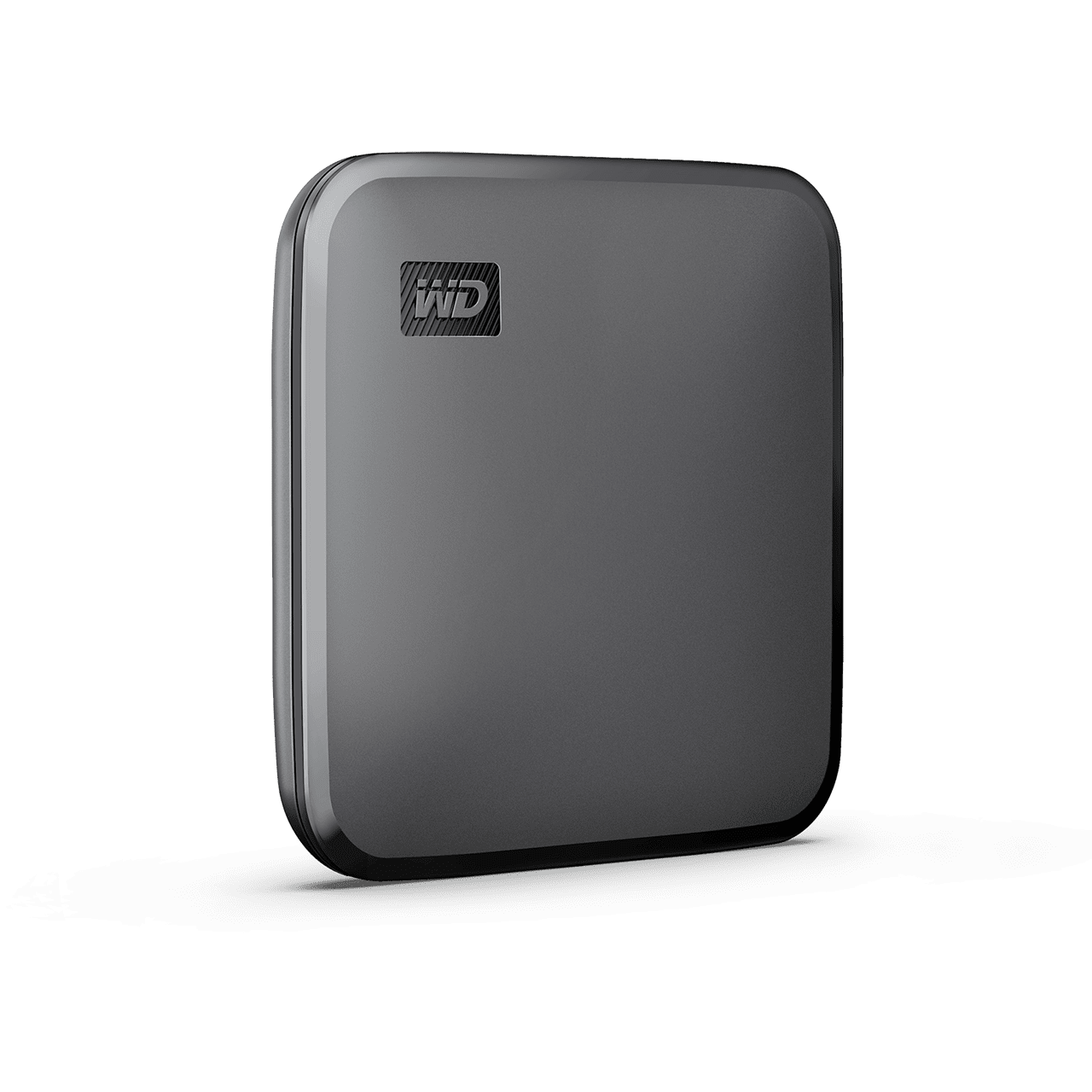 Eine graue, tragbare externe Festplatte. Mit dem WD-Logo. Schwarzer Hintergrund.
