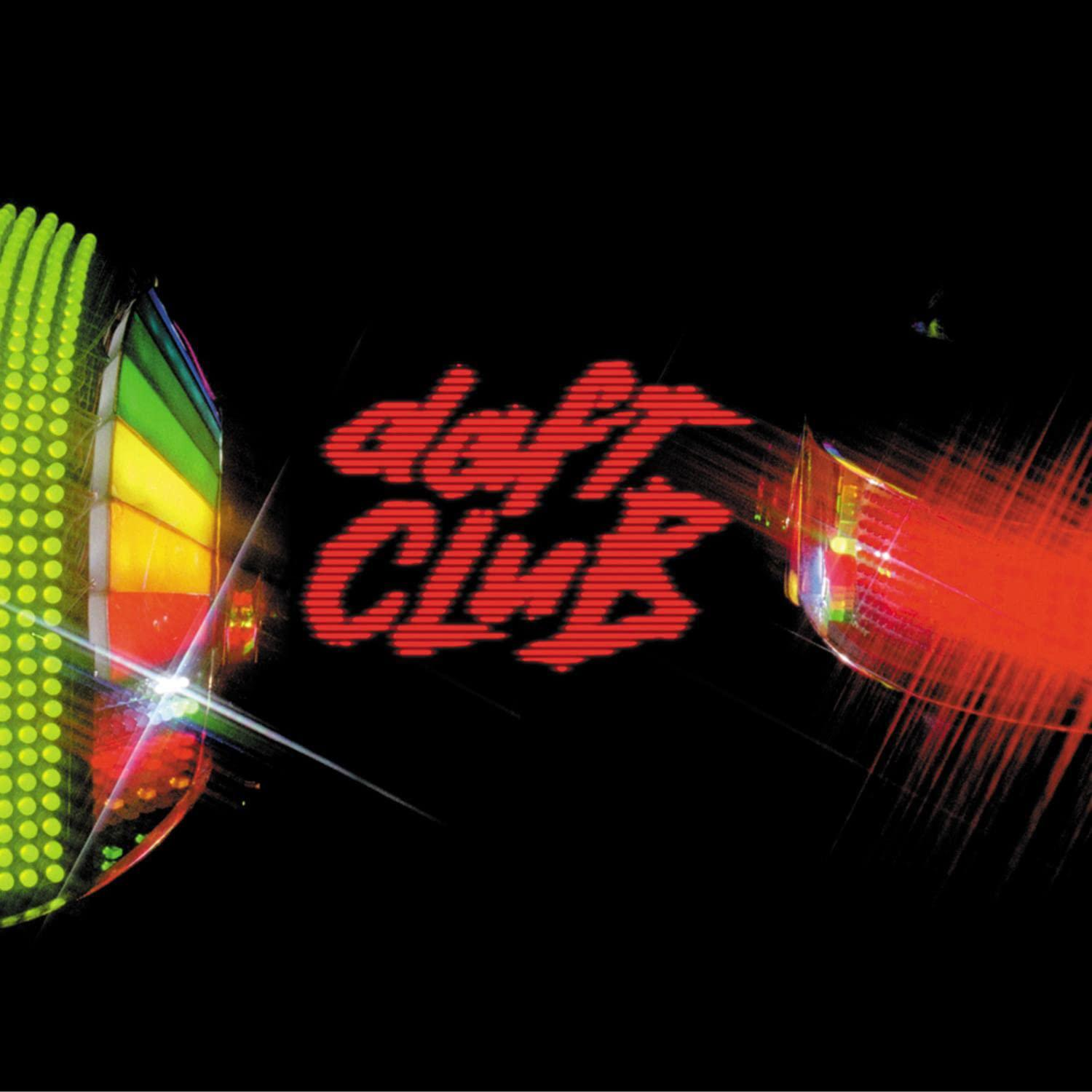 Daft Club Logo mit Discokugel und rotem Lichtstreifen auf schwarzem Hintergrund.