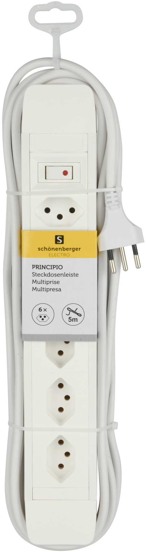Weiße Steckdosenleiste mit mehreren Steckdosen. Ein Schalter und ein Stecker sind angebracht.