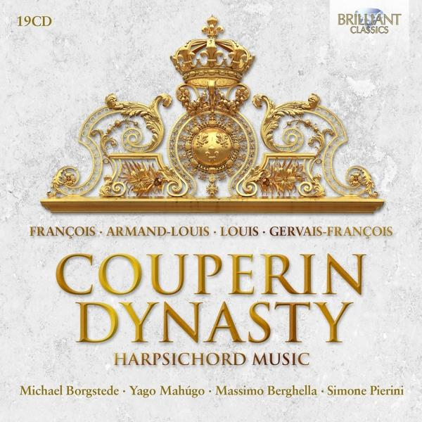 Albumcover mit goldenem Emblem und Text: COUPERIN DYNASTY HARPSICHORD MUSIC.