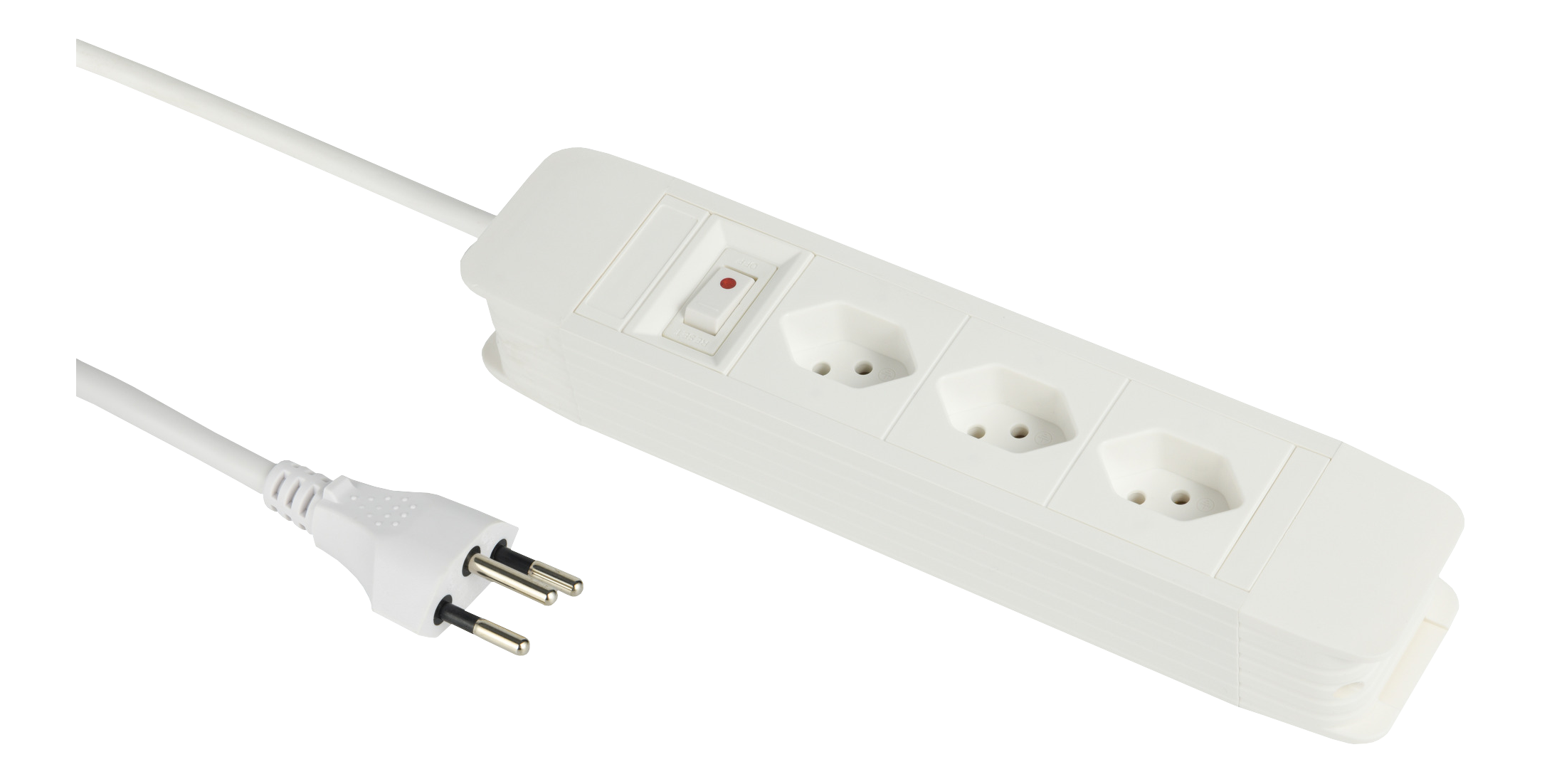 Weiße Steckdosenleiste mit drei Steckdosen, einem Ein/Aus-Schalter und weißem Kabel.