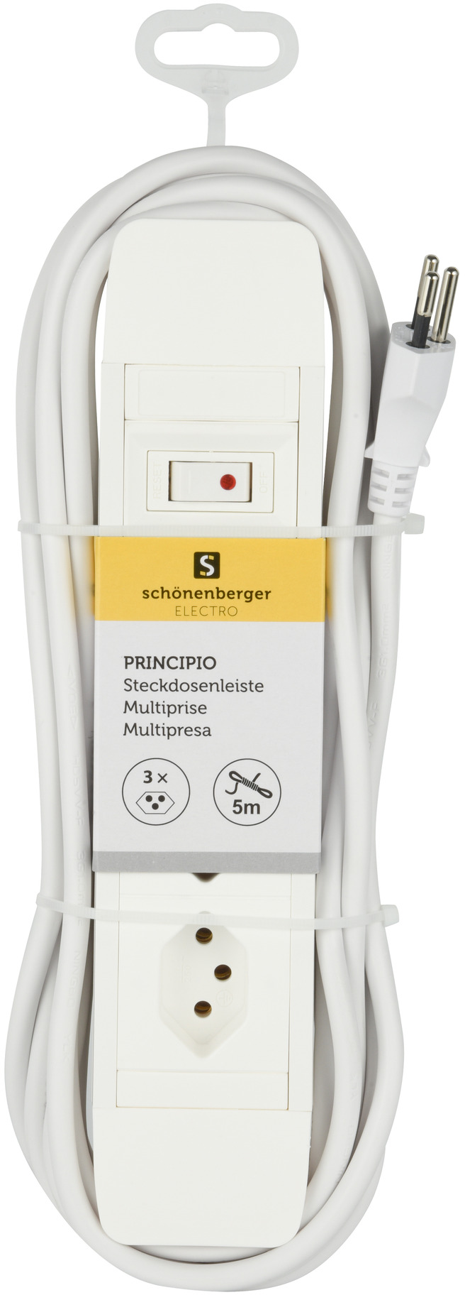 Eine weiße Steckdosenleiste mit rotem Schalter, drei Steckdosen und weißem Kabel, mit Text beschriftet.