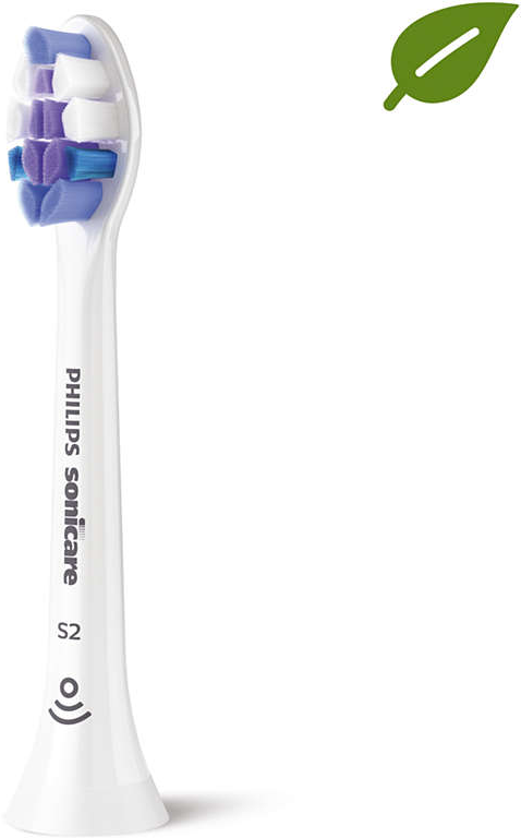 Testina spazzolino Philips Sonicare bianca con setole blu e viola, e icona foglia verde.