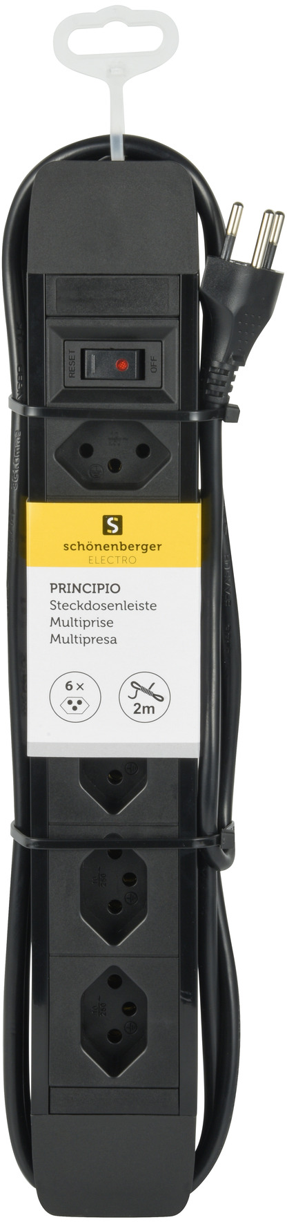 Schwarze Steckdosenleiste mit 6 Steckdosen, einem Schalter und einem Etikett, an einem Haken hängend.