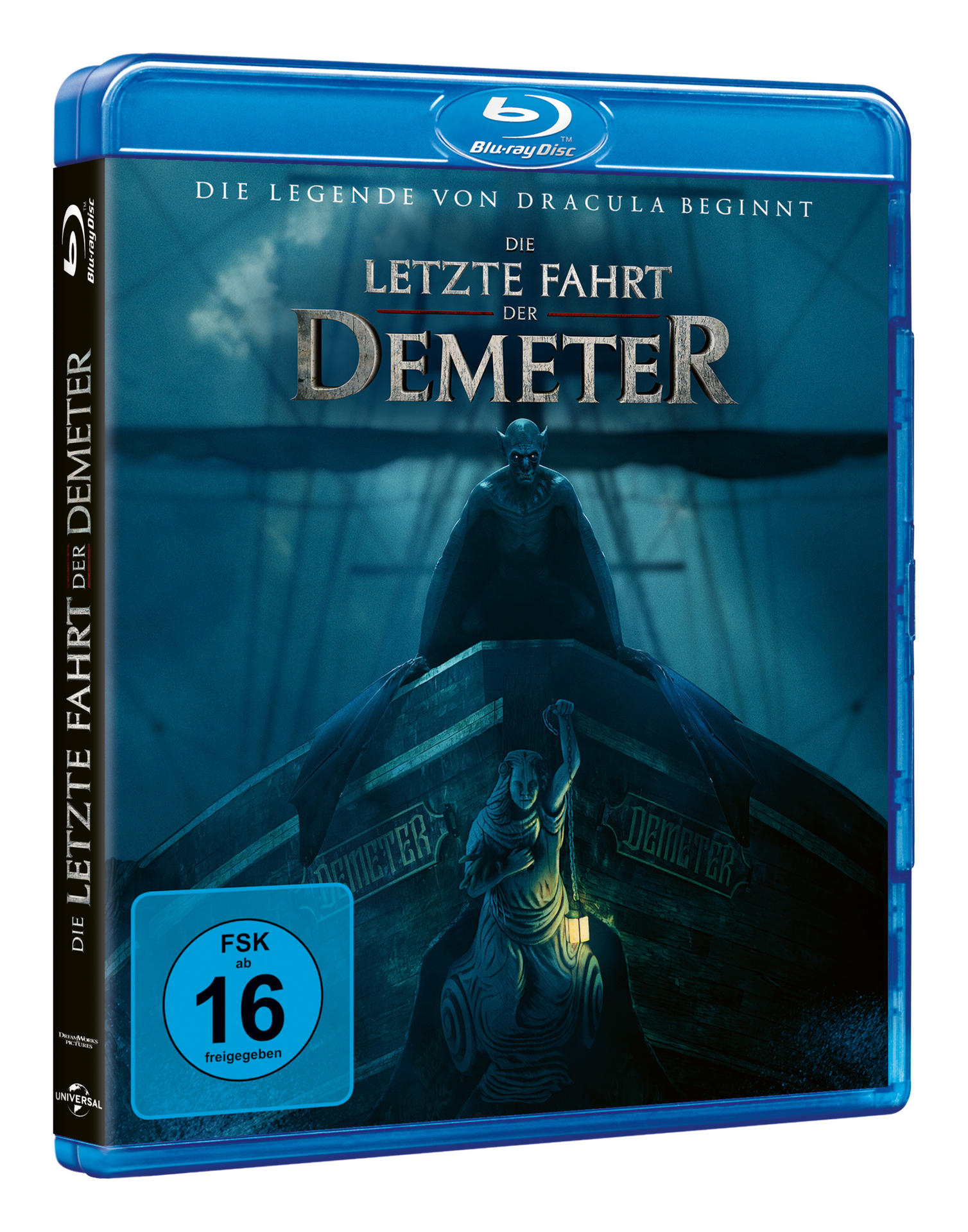 Blu-ray-Disc-Hülle mit Filmposter, das eine dunkle Figur, ein Boot und Text vor dunklem Hintergrund zeigt.