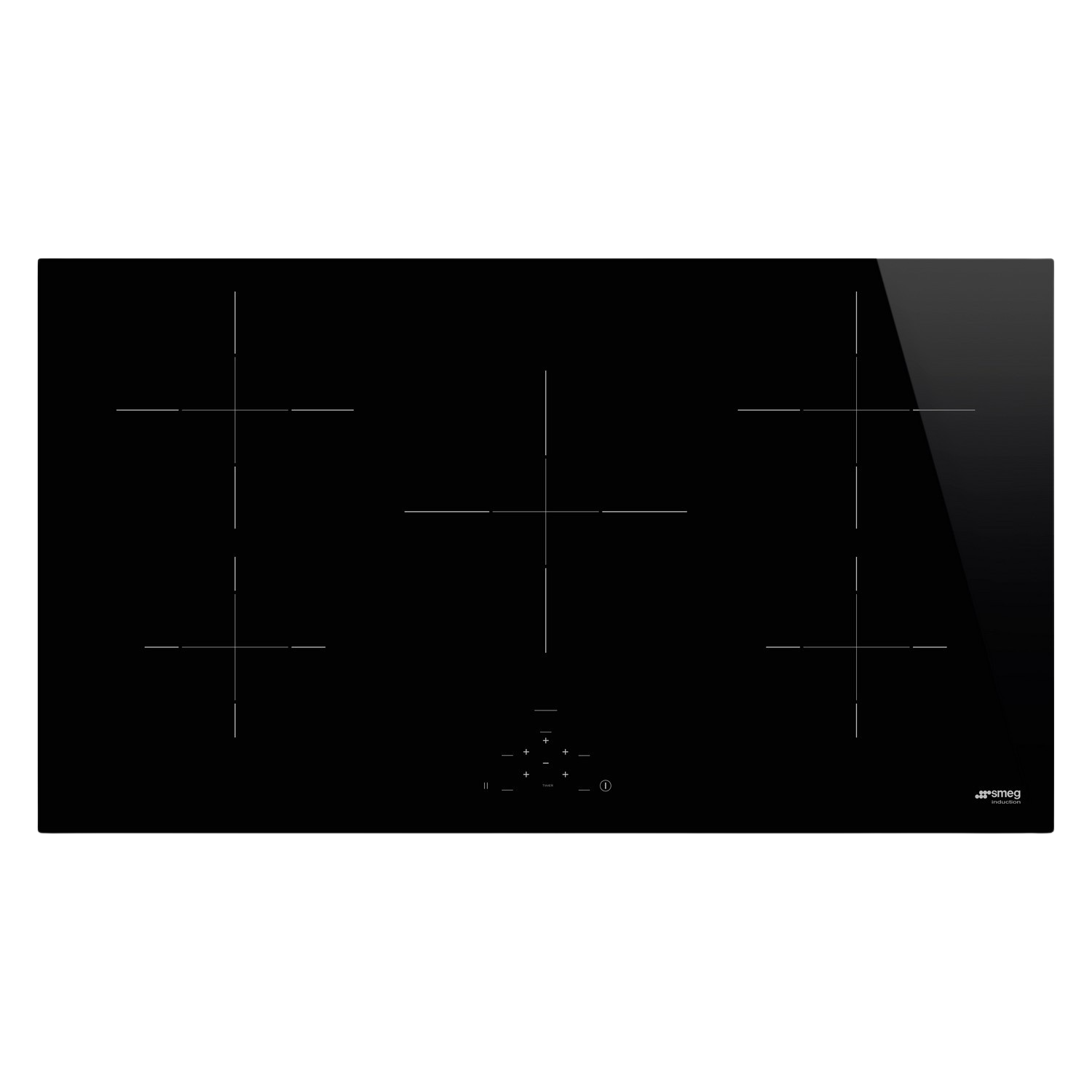 Table de cuisson en verre noir avec commandes tactiles, cinq zones de cuisson.