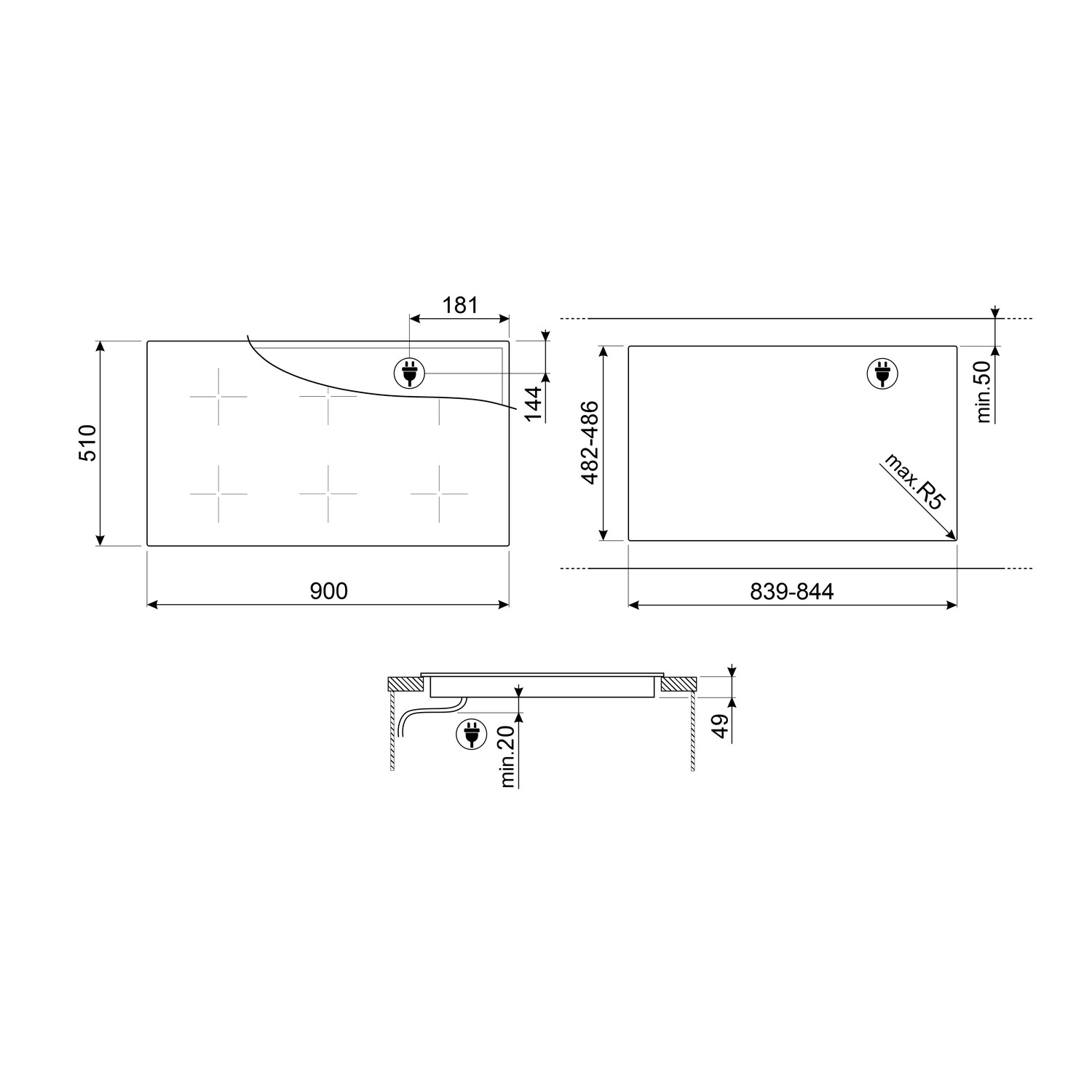Schéma d'une table de cuisson avec dimensions et symboles.