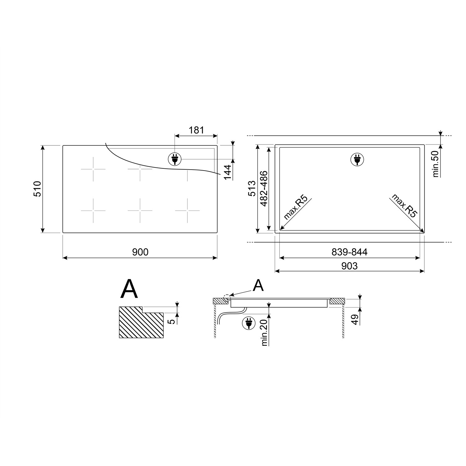 Dessins techniques montrant les dimensions et la disposition d'une table de cuisson à induction à quatre brûleurs.