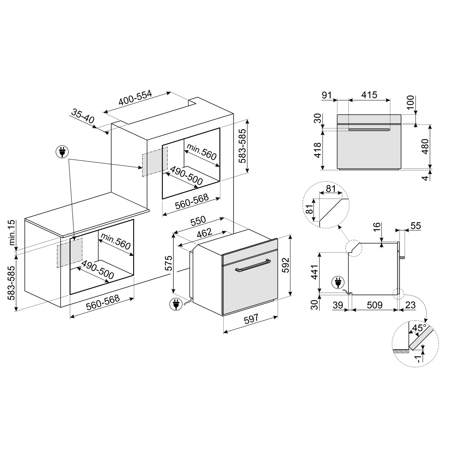 Diagram van een oven met afmetingen, elektrische symbolen en meetlabels.