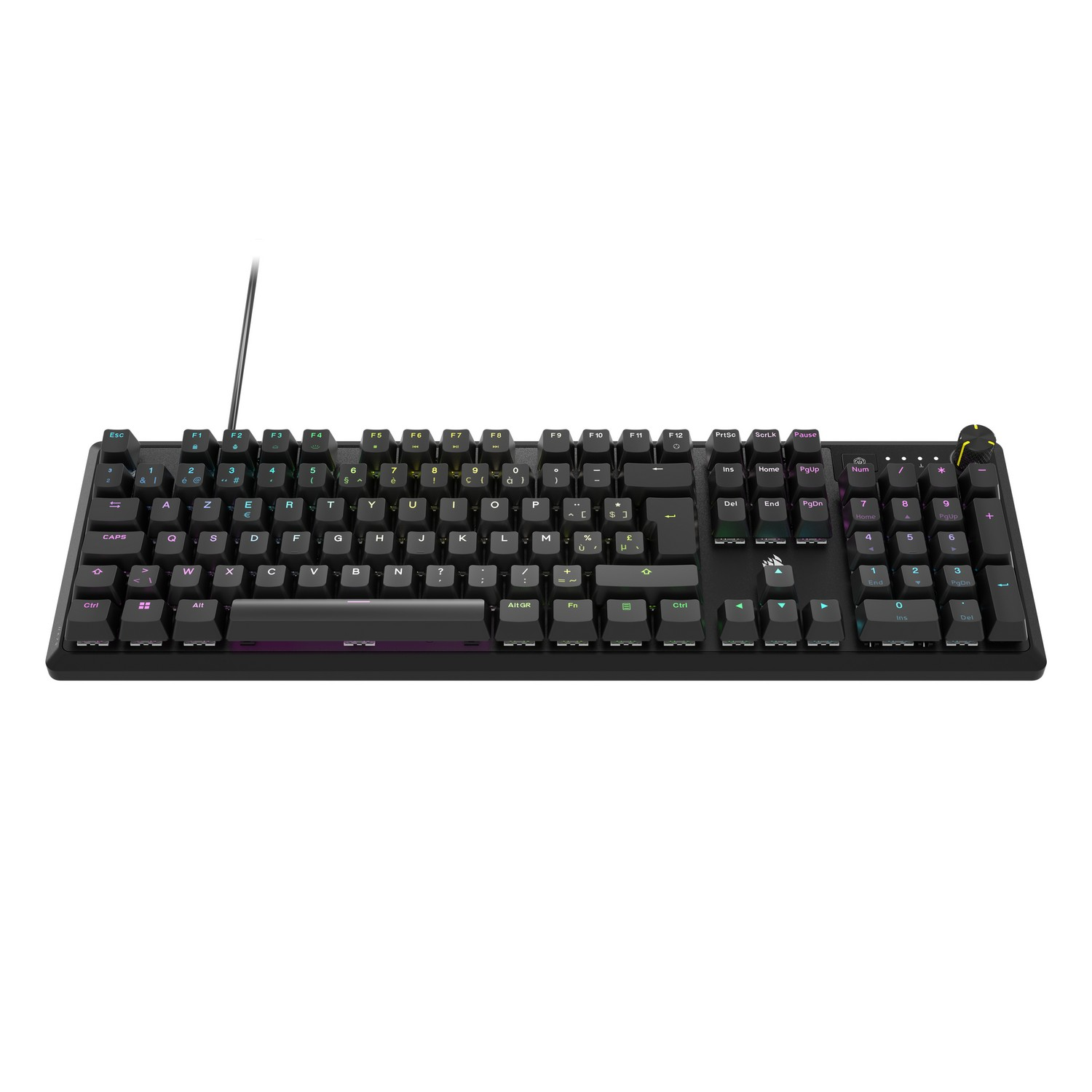 Black keyboard with multi-colored keys. It has a number pad and is on a white surface.
