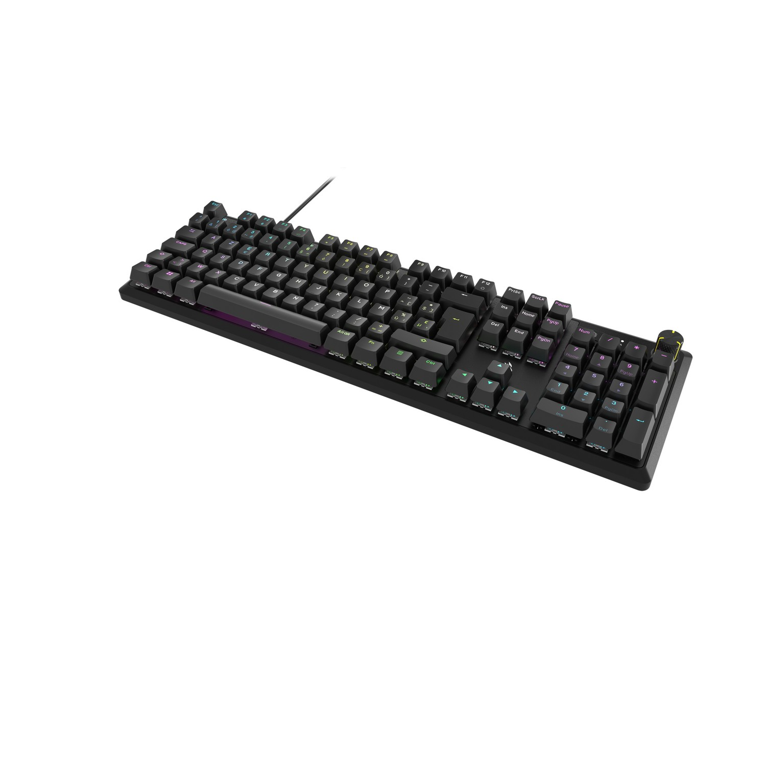 Black keyboard with many keys, a wire, and multicolor lights.