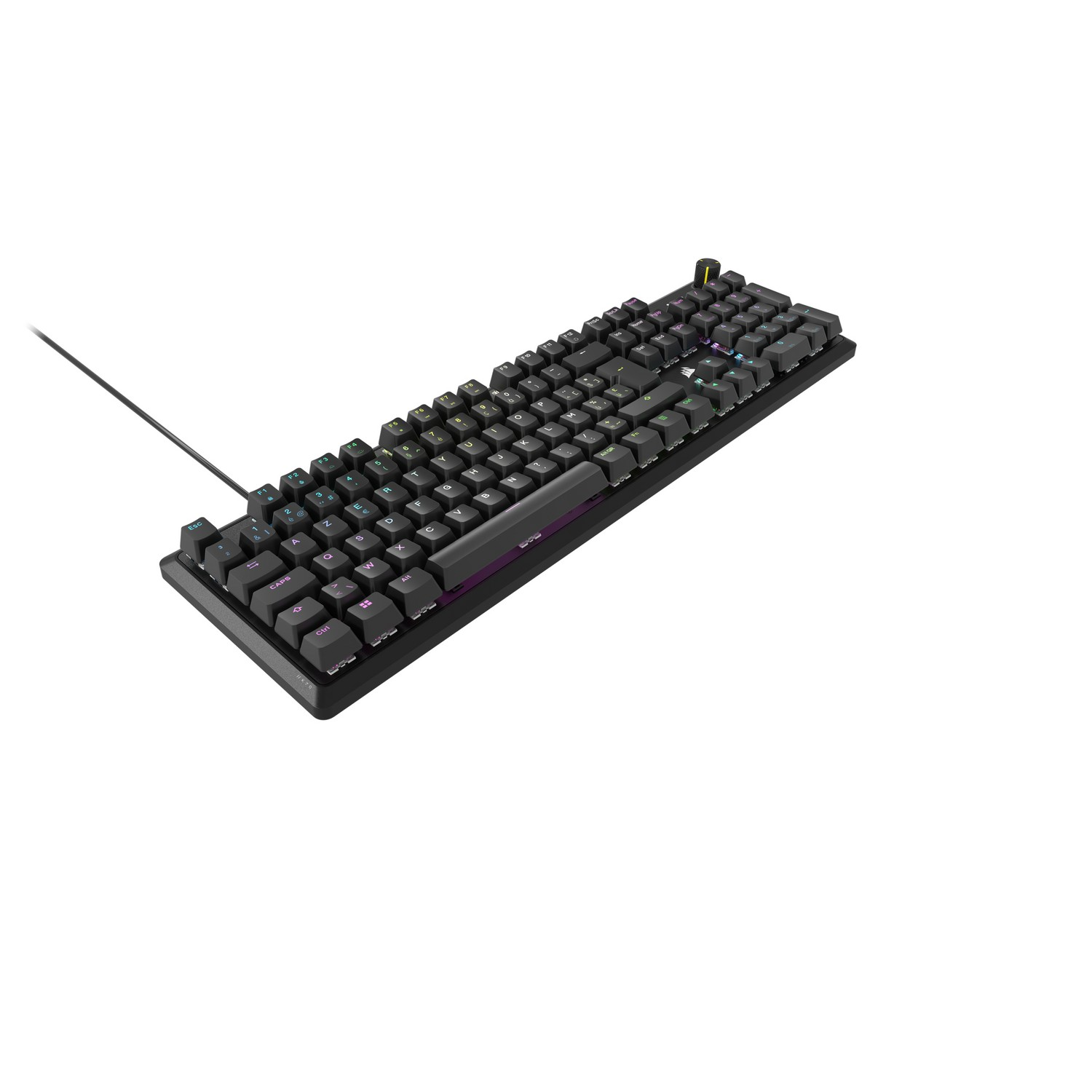 Black mechanical keyboard with RGB lighting on a white surface.
