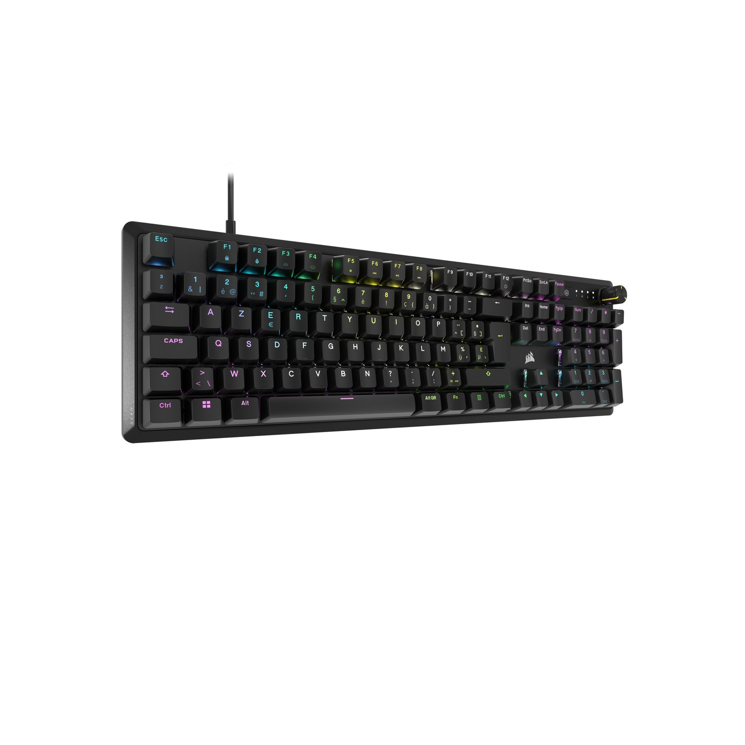 Black keyboard with multi-colored keys, a USB cable, and a white background.