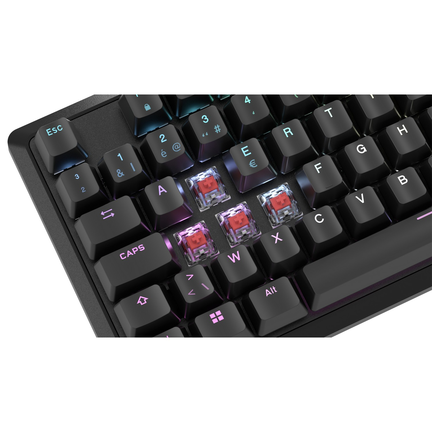 Close-up of a black keyboard with red mechanical switches visible on the keys.