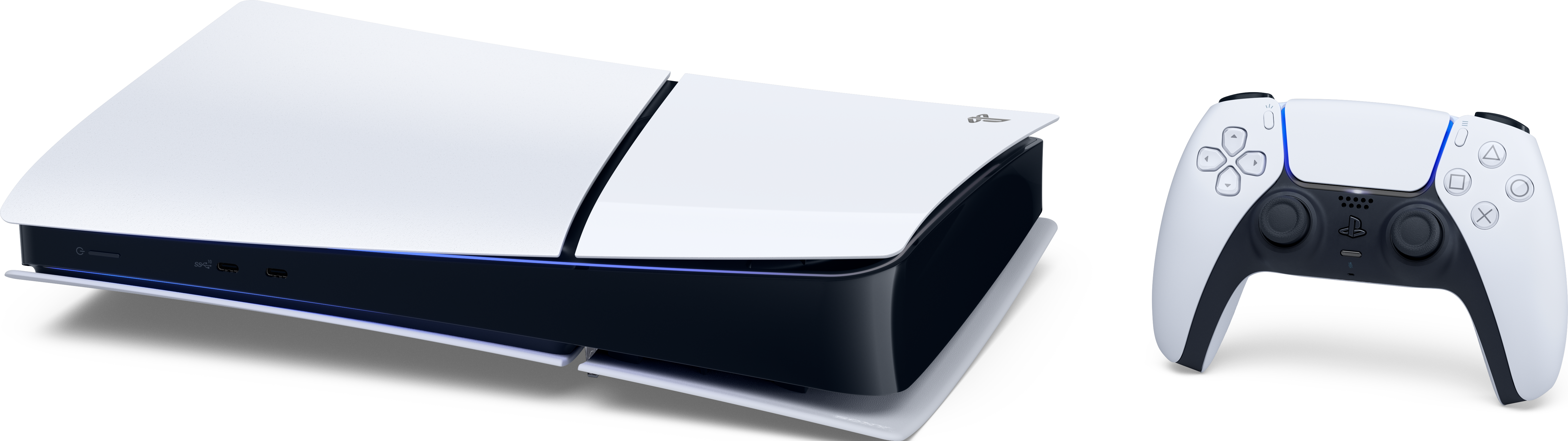 Weiße PS5-Konsole und Controller. Schwarz und Weiß. Winkelansicht. Isoliert auf schwarzem Hintergrund. Modernes Design.