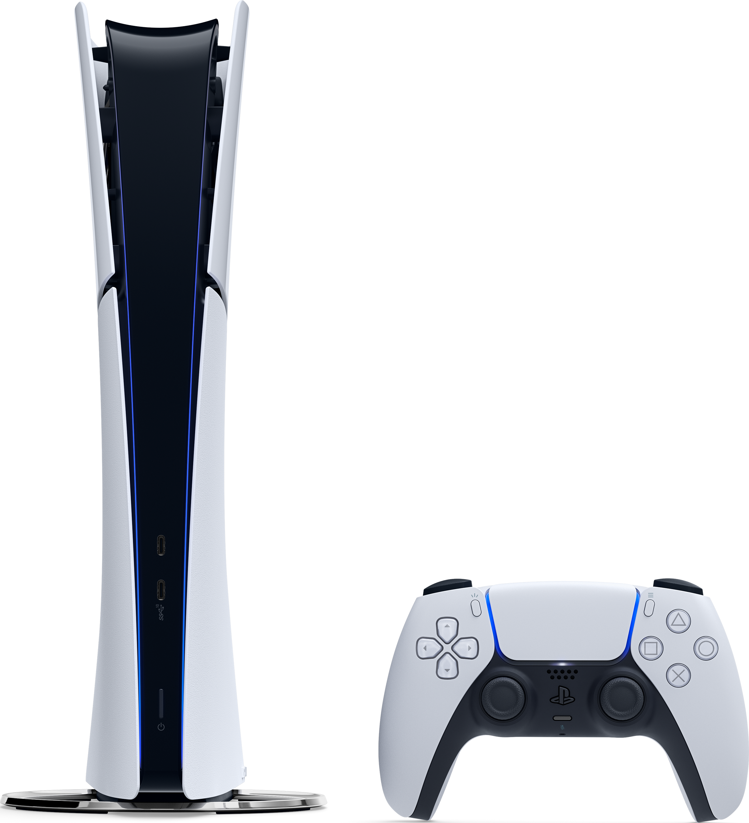 Weiße und schwarze PlayStation 5 Konsole und ein passender Controller auf schwarzem Hintergrund.