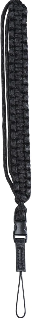Dragonne tressée noire avec boucle en plastique et petite boucle d'attache.