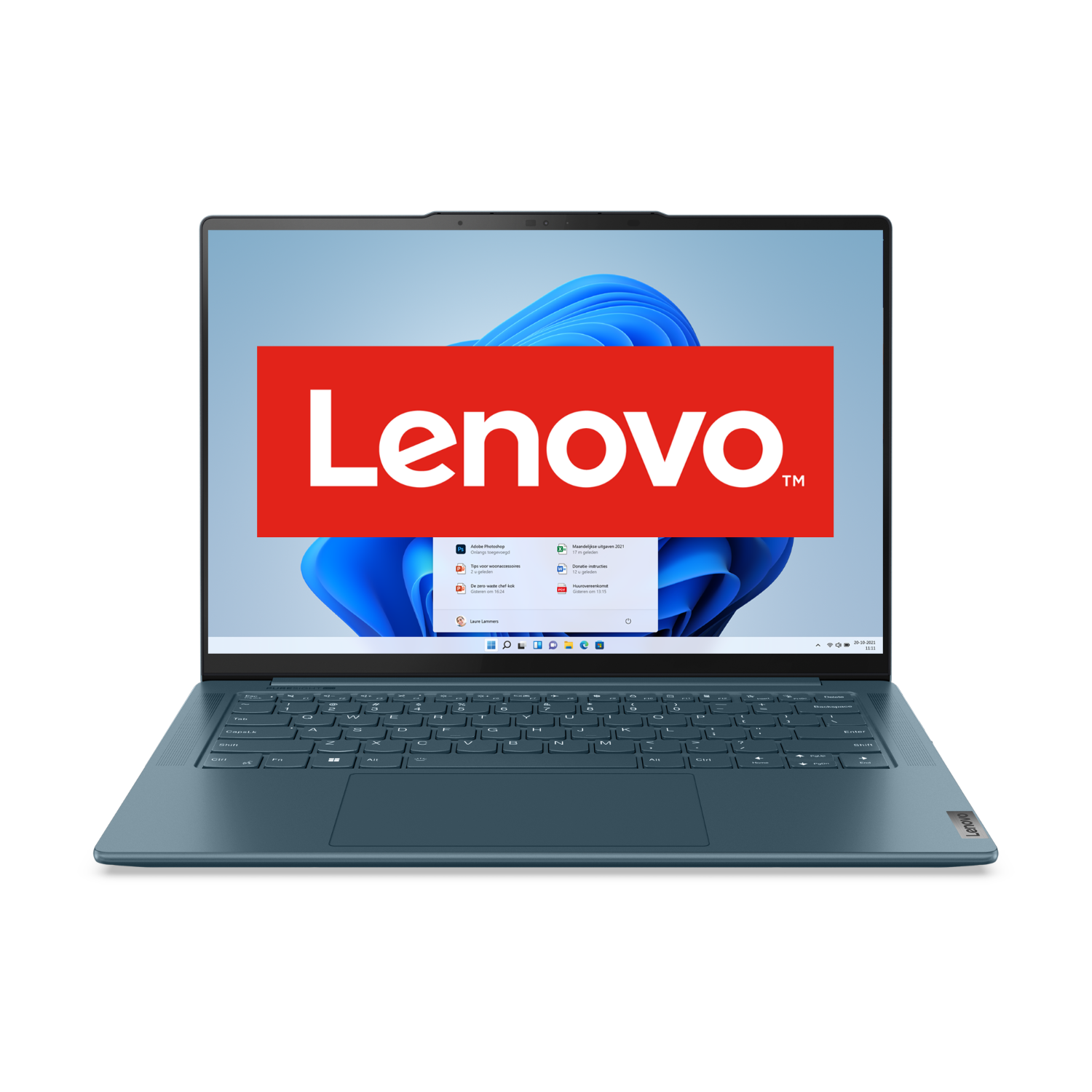 Laptop, blauwgroene kleur. Lenovo-logo op scherm. Zwarte achtergrond.