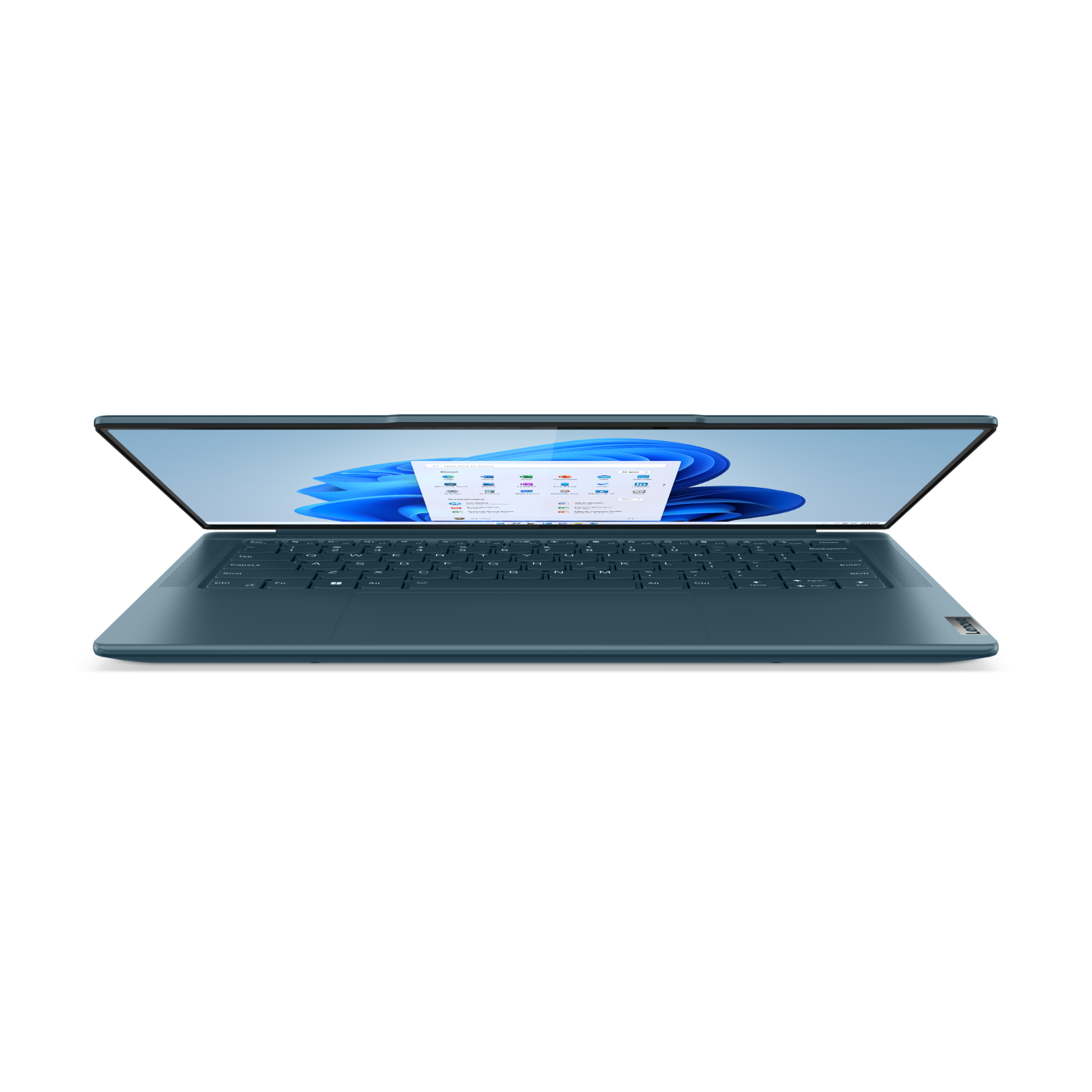 Geopende blauwgroene Lenovo laptop op een zwart oppervlak, met het toetsenbord en scherm.