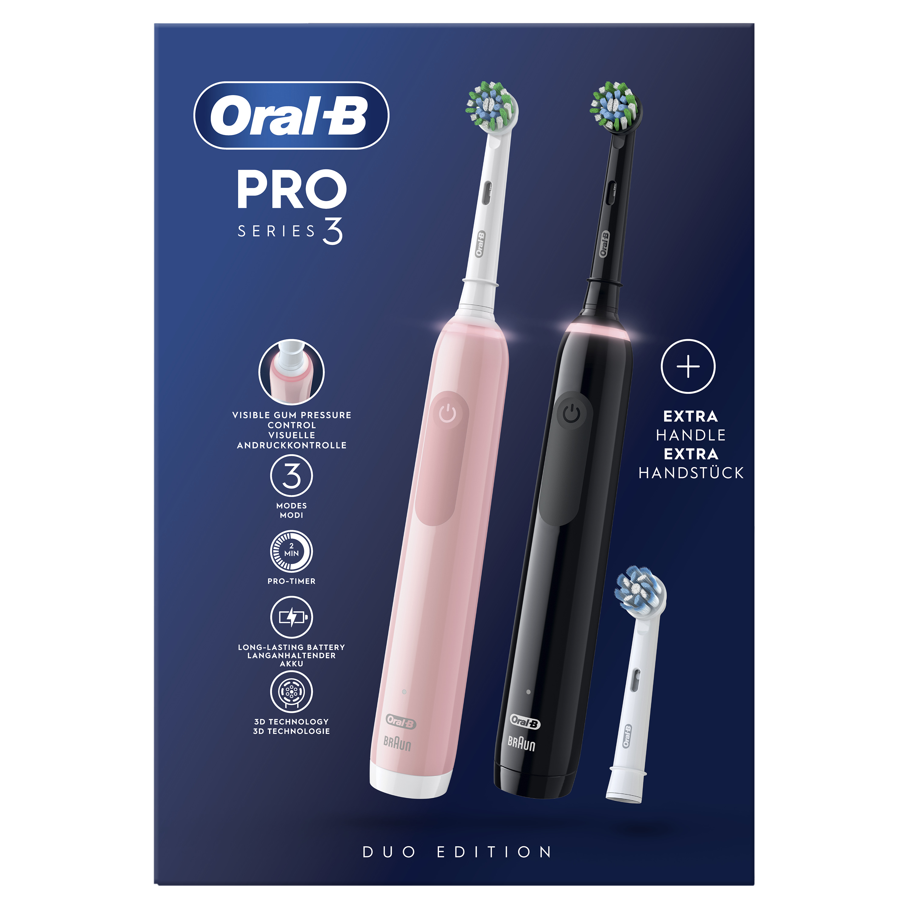 Deux brosses à dents électriques, une rose et une noire, avec des têtes de brosse supplémentaires et des informations sur le produit.