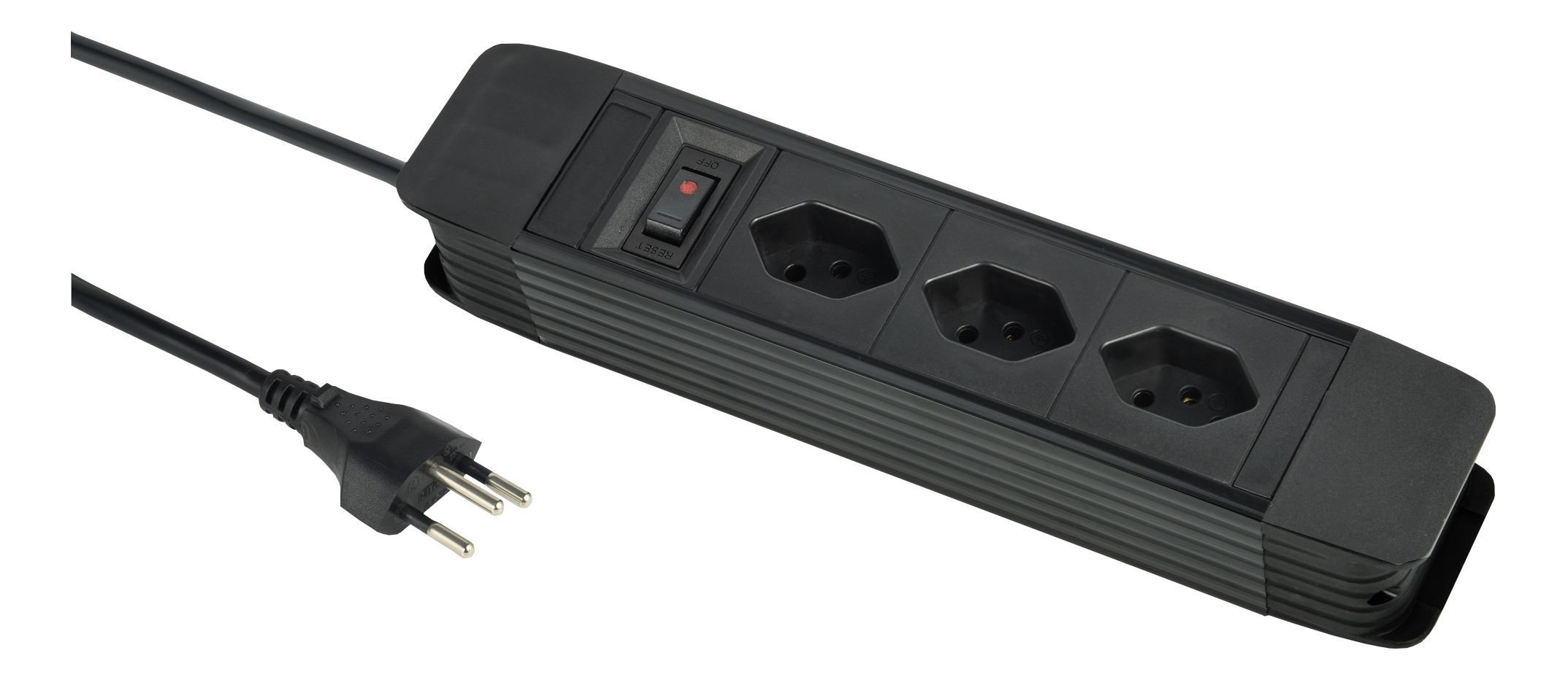 Presa multipla nera con tre prese, un interruttore e un cavo di alimentazione con spina.