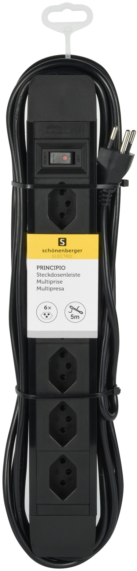 Schwarze Steckdosenleiste mit mehreren Steckdosen, Schalter und Kabel. Etikett auf Deutsch.