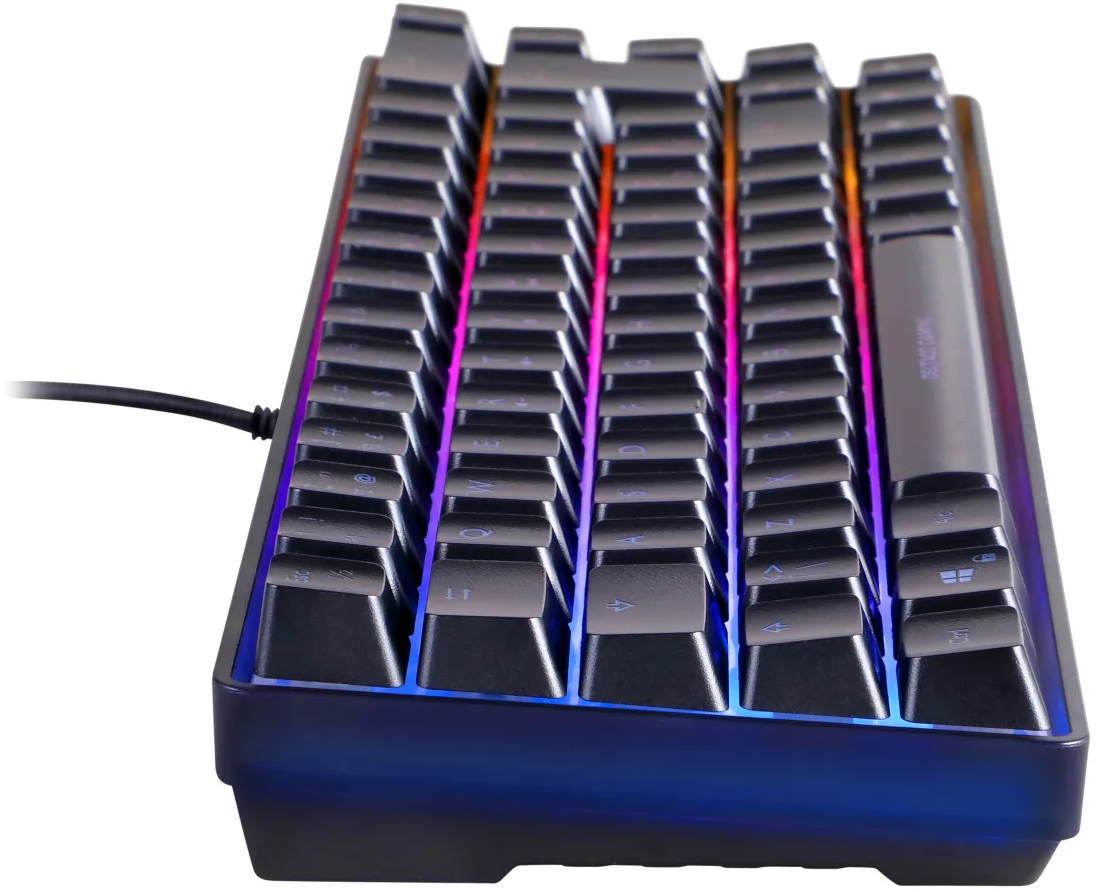 Una tastiera da gioco con tasti multicolore, cornice nera e cavo, angolata verso l'alto.