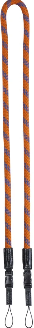 Cinturino arancione e viola con clip nere.