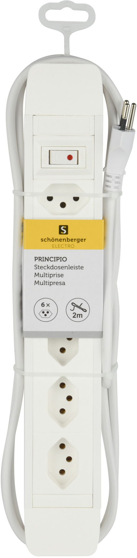 Eine weiße Steckdosenleiste mit mehreren Steckdosen und einem Schalter.