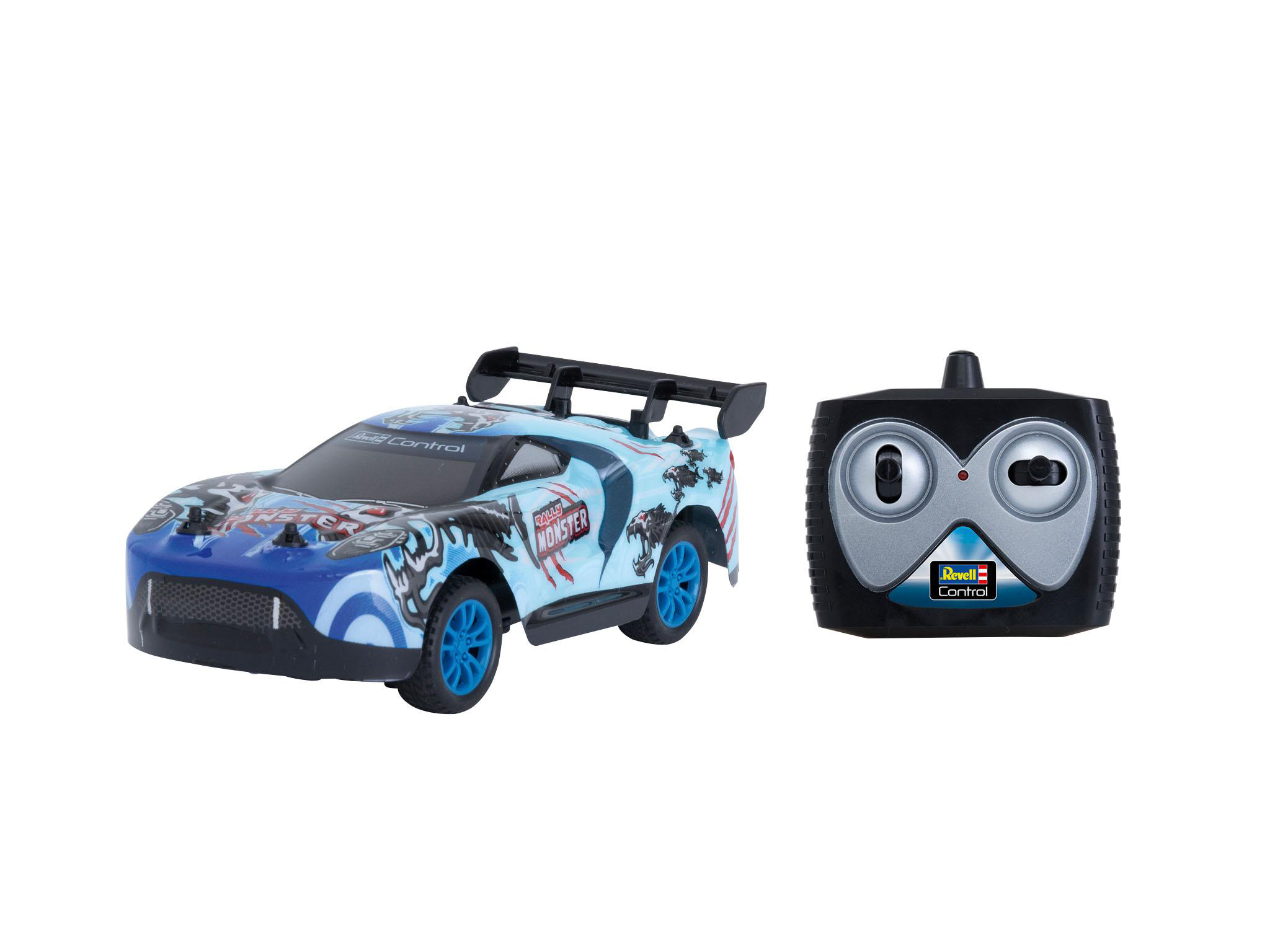 Ein blaues und weißes ferngesteuertes Auto mit Fernbedienung auf weißer Oberfläche.