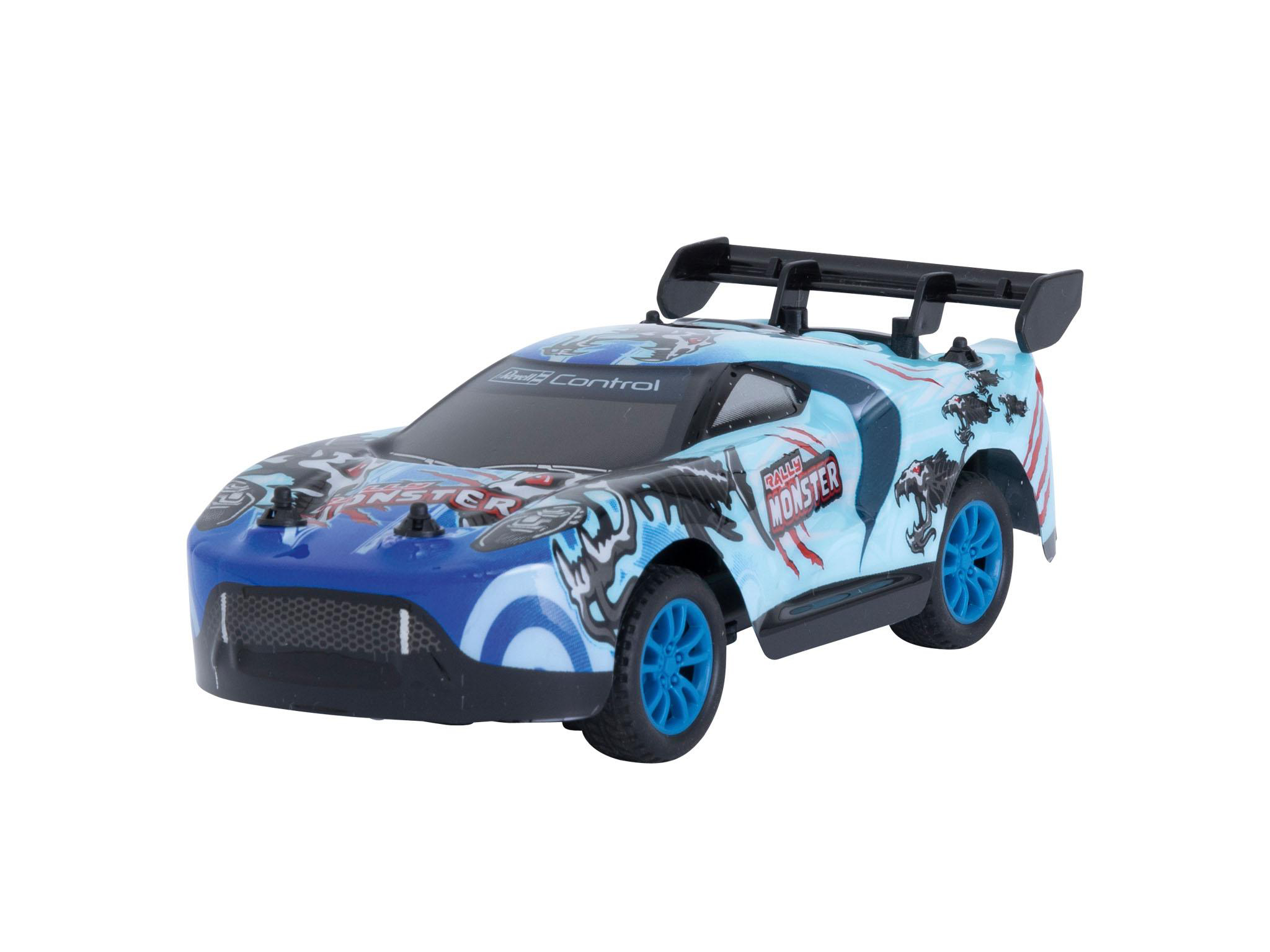 Ein blaues und weißes ferngesteuertes Spielzeugauto mit Spoiler auf weißem Hintergrund.