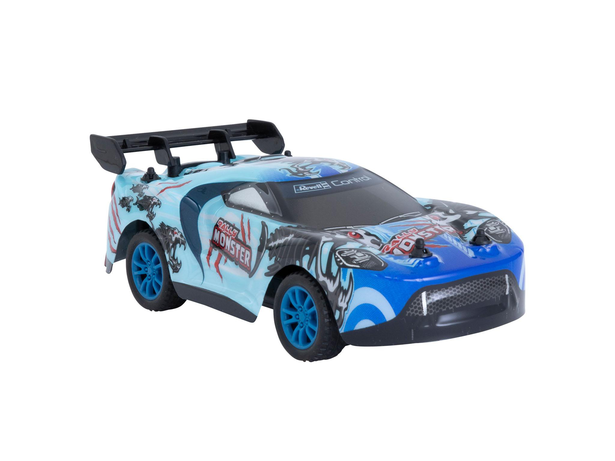 Ein blau-weißes ferngesteuertes Rennwagen-Spielzeug mit Spoiler.