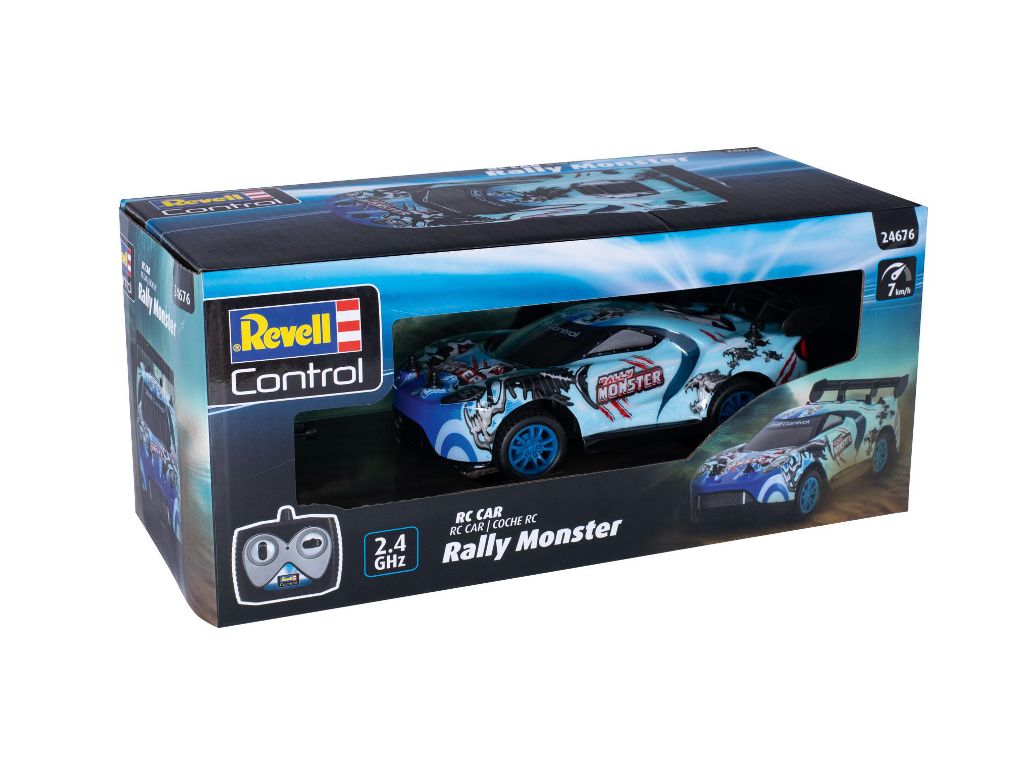 Ein blaues und weißes RC-Auto, verpackt in einer Box mit Revell Control Logo.