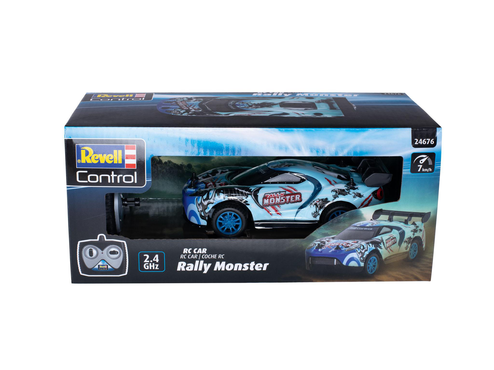 Revell Control RC-Auto-Box, die ein blaues Rally Monster-Auto zeigt.